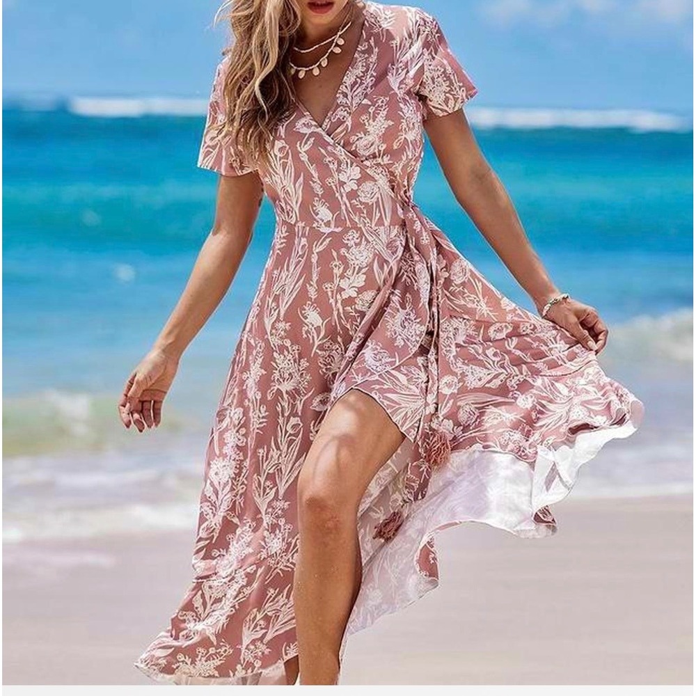 CUPSHE Floral Wrap Dress Women XL Pink New High Low Maxi Tassel Boho Beach
